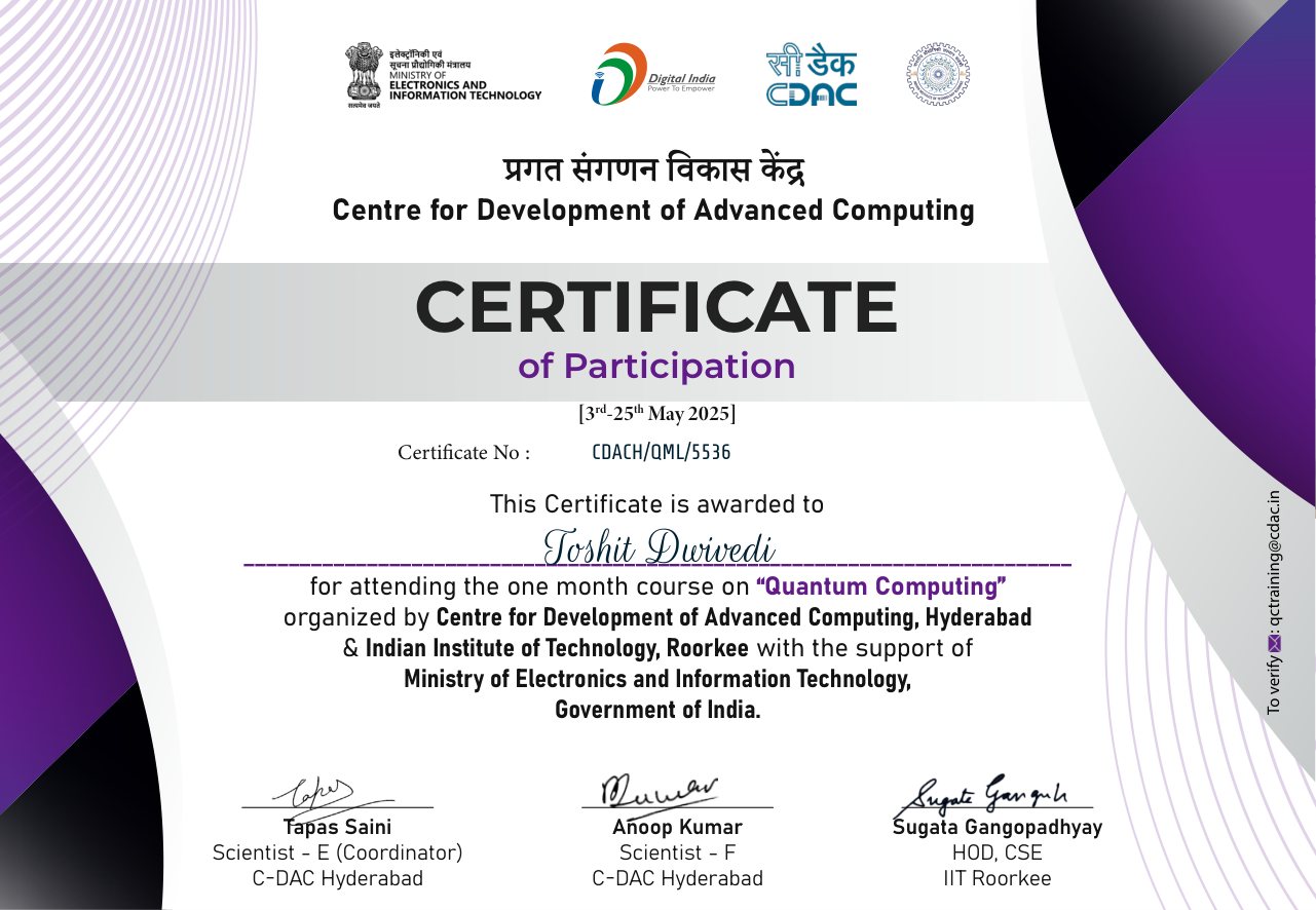 Quantum Computing certificate — C-DAC & IIT Roorkee