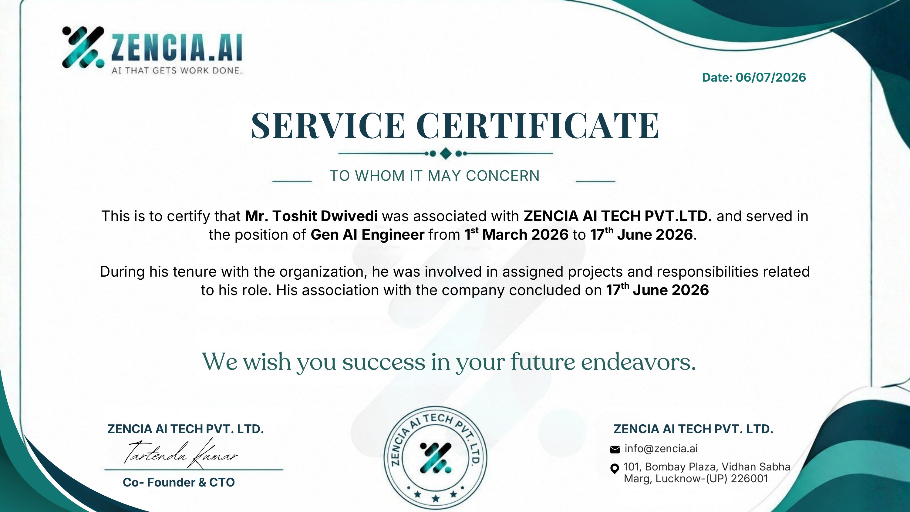 Zencia AI service certificate — Gen AI Engineer